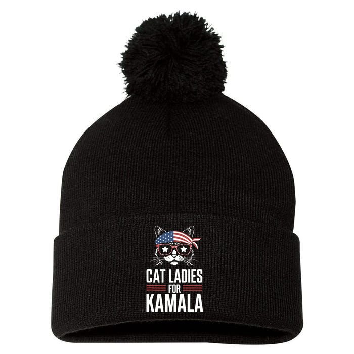 Cat Ladies For Kamala Funny Cat 2024 President Kamalaharris Pom Pom 12in Knit Beanie