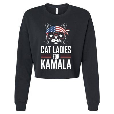 Cat Ladies For Kamala Funny Cat 2024 President Kamalaharris Cropped Pullover Crew