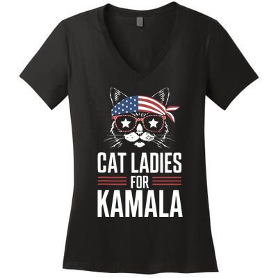 Cat Ladies For Kamala Funny Cat 2024 President Kamalaharris Women's V-Neck T-Shirt