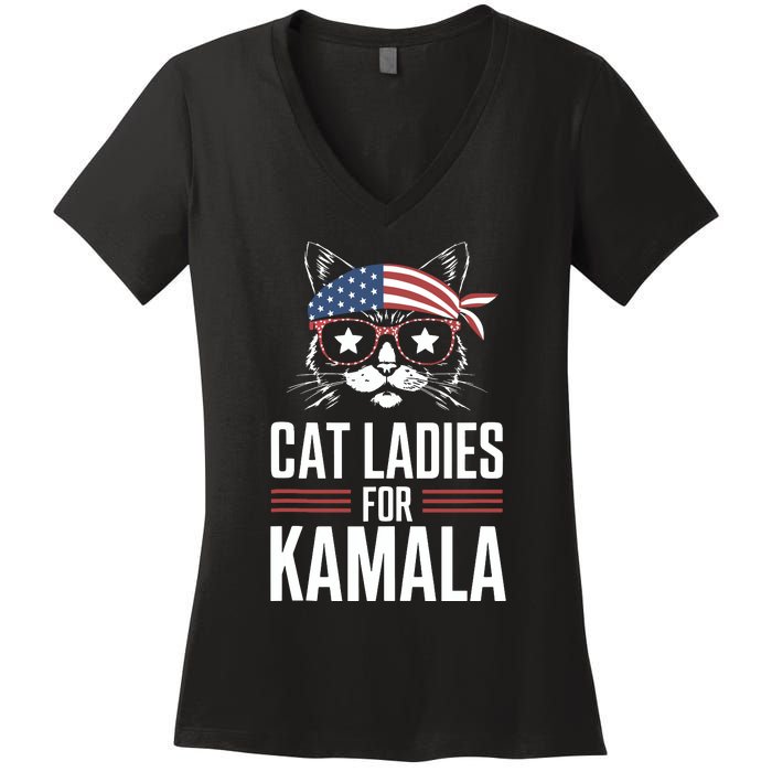 Cat Ladies For Kamala Funny Cat 2024 President Kamalaharris Women's V-Neck T-Shirt