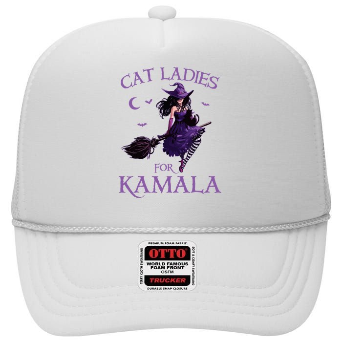 Cat Ladies For Kamala Harris 2024 Witches Harris Halloween High Crown Mesh Back Trucker Hat