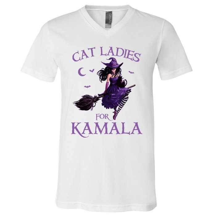 Cat Ladies For Kamala Harris 2024 Witches Harris Halloween V-Neck T-Shirt