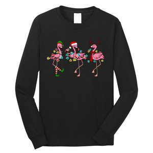 Christmas Lights Flamingo Santa Hat Holiday Xmas Long Sleeve Shirt