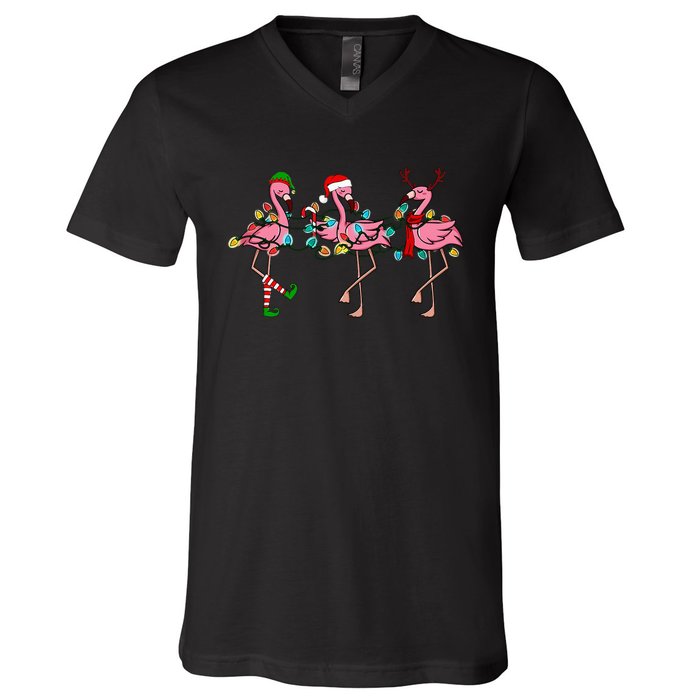 Christmas Lights Flamingo Santa Hat Holiday Xmas V-Neck T-Shirt