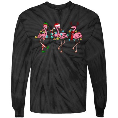 Christmas Lights Flamingo Santa Hat Holiday Xmas Tie-Dye Long Sleeve Shirt