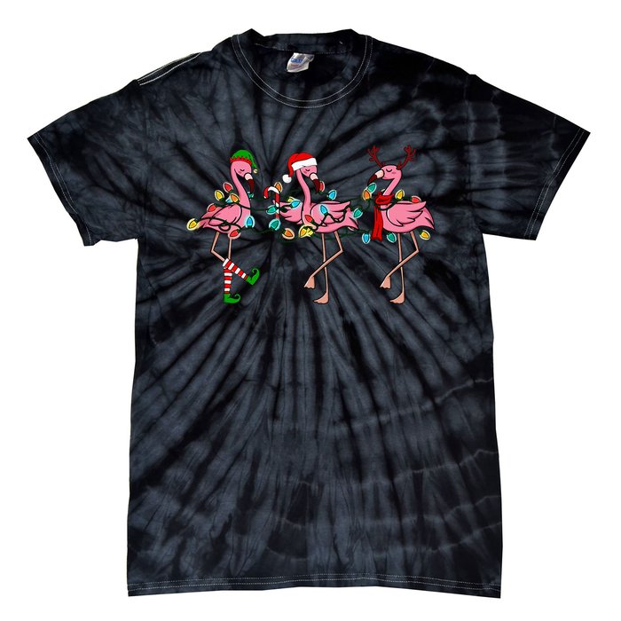 Christmas Lights Flamingo Santa Hat Holiday Xmas Tie-Dye T-Shirt