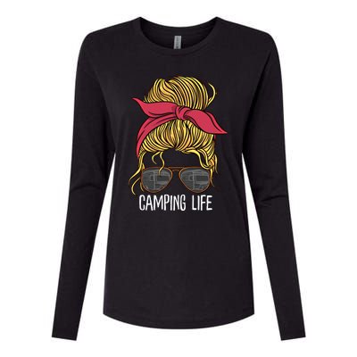 Camping Life Gift Mom Camper Gift Messy Bun Hair Outdoors Rv Funny Gift Womens Cotton Relaxed Long Sleeve T-Shirt