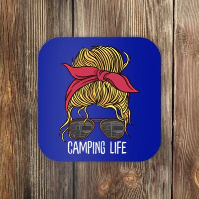 Camping Life Gift Mom Camper Gift Messy Bun Hair Outdoors Rv Funny Gift Coaster