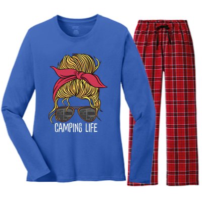 Camping Life Gift Mom Camper Gift Messy Bun Hair Outdoors Rv Funny Gift Women's Long Sleeve Flannel Pajama Set 