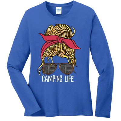 Camping Life Gift Mom Camper Gift Messy Bun Hair Outdoors Rv Funny Gift Ladies Long Sleeve Shirt