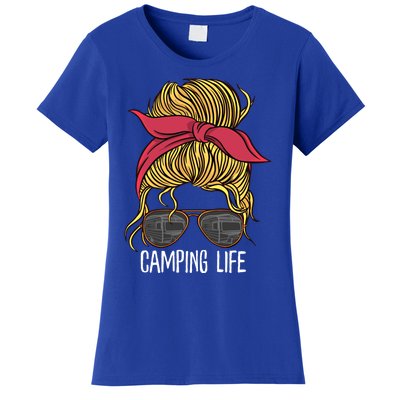 Camping Life Gift Mom Camper Gift Messy Bun Hair Outdoors Rv Funny Gift Women's T-Shirt