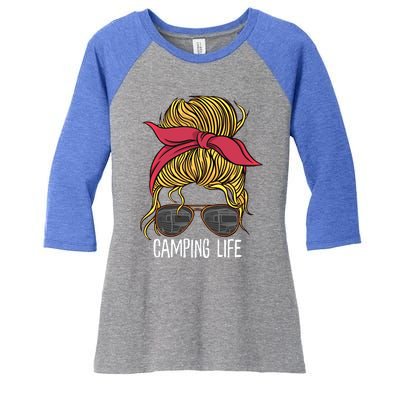 Camping Life Gift Mom Camper Gift Messy Bun Hair Outdoors Rv Funny Gift Women's Tri-Blend 3/4-Sleeve Raglan Shirt