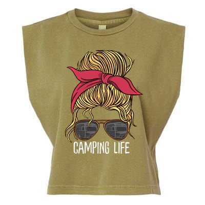 Camping Life Gift Mom Camper Gift Messy Bun Hair Outdoors Rv Funny Gift Garment-Dyed Women's Muscle Tee