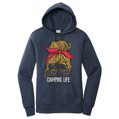 Camping Life Gift Mom Camper Gift Messy Bun Hair Outdoors Rv Funny Gift Women's Pullover Hoodie