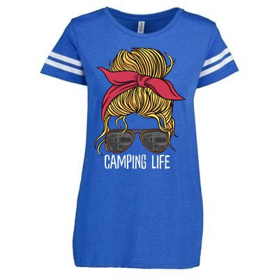 Camping Life Gift Mom Camper Gift Messy Bun Hair Outdoors Rv Funny Gift Enza Ladies Jersey Football T-Shirt