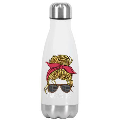 Camping Life Gift Mom Camper Gift Messy Bun Hair Outdoors Rv Funny Gift Stainless Steel Insulated Water Bottle