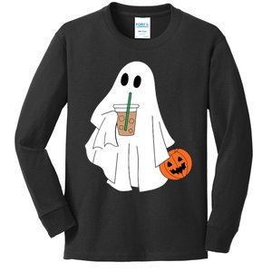 Cute Little Ghost Drinking Coffee Halloween Spooky Season Kids Long Sleeve Shirt