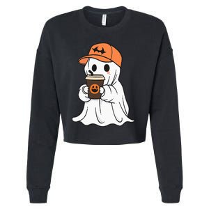 Cute Little Ghost Drinking Coffee Halloween Spooky Season Cropped Pullover Crew