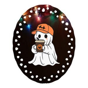 Cute Little Ghost Drinking Coffee Halloween Spooky Season Ceramic Oval Ornament