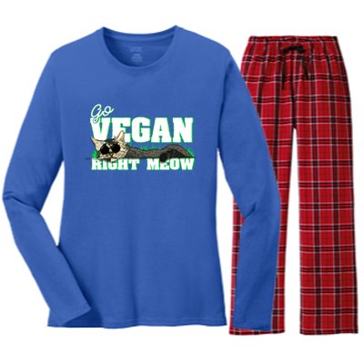 Cat Lover Go Vegan Right Meow Gift Women's Long Sleeve Flannel Pajama Set 