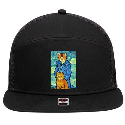 Cat Lover Gift Van Gogh Style Art 7 Panel Mesh Trucker Snapback Hat