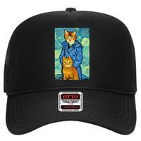 Cat Lover Gift Van Gogh Style Art High Crown Mesh Back Trucker Hat