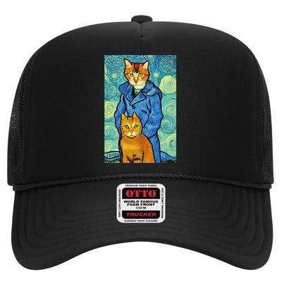 Cat Lover Gift Van Gogh Style Art High Crown Mesh Back Trucker Hat