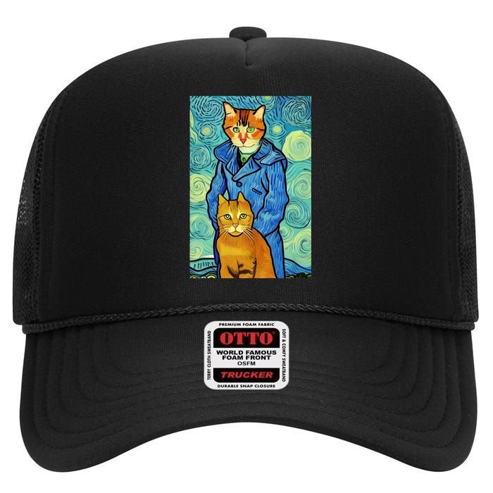 Cat Lover Gift Van Gogh Style Art High Crown Mesh Back Trucker Hat