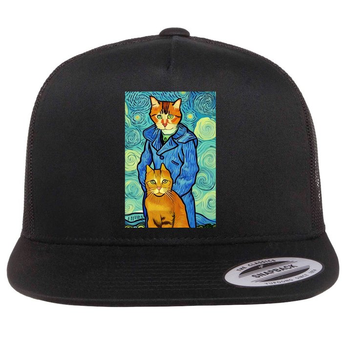 Cat Lover Gift Van Gogh Style Art Flat Bill Trucker Hat