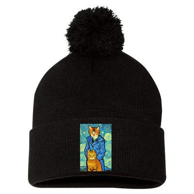 Cat Lover Gift Van Gogh Style Art Pom Pom 12in Knit Beanie