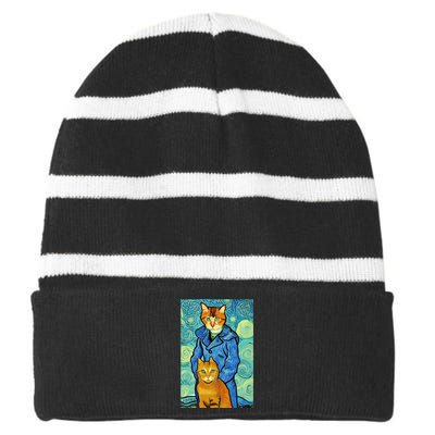 Cat Lover Gift Van Gogh Style Art Striped Beanie with Solid Band