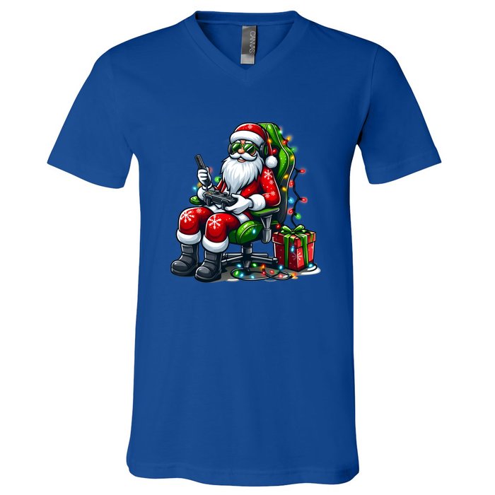 Christmas Lights Gamer Santa Video Gaming Controller Funny Gift V-Neck T-Shirt