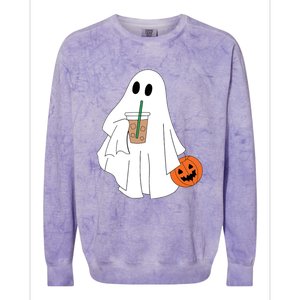 Cute Little Ghost Drinking Coffee Halloween Spooky Season Colorblast Crewneck Sweatshirt