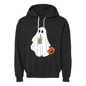 Cute Little Ghost Drinking Coffee Halloween Spooky Season Garment-Dyed Fleece Hoodie