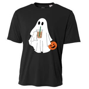 Cute Little Ghost Drinking Coffee Halloween Spooky Season Cooling Performance Crew T-Shirt