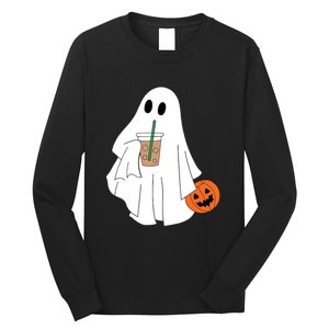 Cute Little Ghost Drinking Coffee Halloween Spooky Season Long Sleeve Shirt