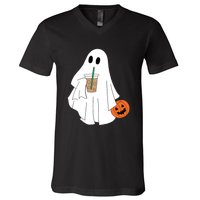 Cute Little Ghost Drinking Coffee Halloween Spooky Season V-Neck T-Shirt