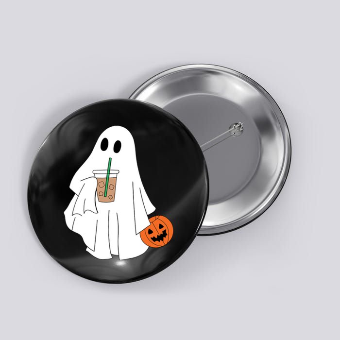 Cute Little Ghost Drinking Coffee Halloween Spooky Season Button