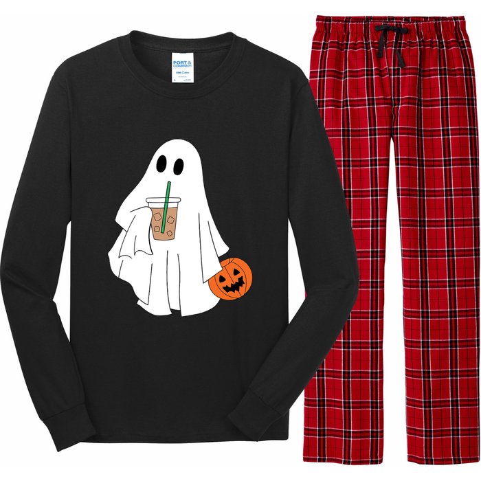 Cute Little Ghost Drinking Coffee Halloween Spooky Season Long Sleeve Pajama Set