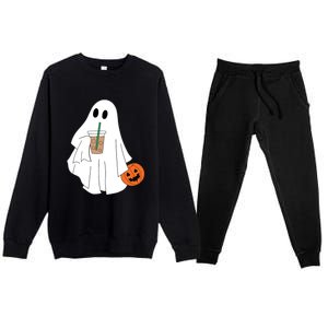 Cute Little Ghost Drinking Coffee Halloween Spooky Season Premium Crewneck Sweatsuit Set