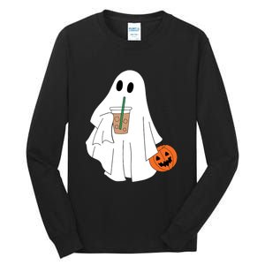 Cute Little Ghost Drinking Coffee Halloween Spooky Season Tall Long Sleeve T-Shirt