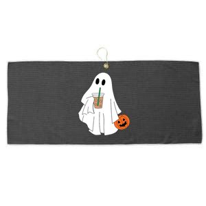 Cute Little Ghost Drinking Coffee Halloween Spooky Season Large Microfiber Waffle Golf Towel