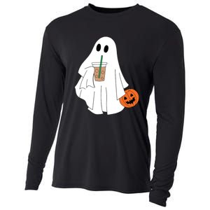 Cute Little Ghost Drinking Coffee Halloween Spooky Season Cooling Performance Long Sleeve Crew