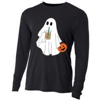 Cute Little Ghost Drinking Coffee Halloween Spooky Season Cooling Performance Long Sleeve Crew