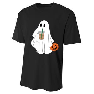 Cute Little Ghost Drinking Coffee Halloween Spooky Season Performance Sprint T-Shirt