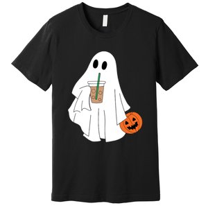 Cute Little Ghost Drinking Coffee Halloween Spooky Season Premium T-Shirt