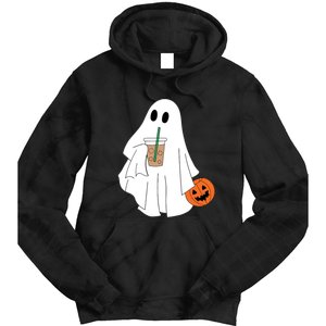 Cute Little Ghost Drinking Coffee Halloween Spooky Season Tie Dye Hoodie