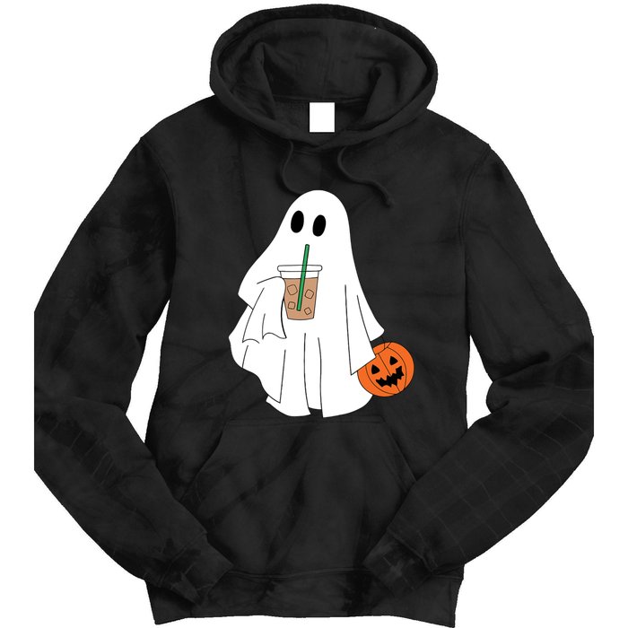 Cute Little Ghost Drinking Coffee Halloween Spooky Season Tie Dye Hoodie