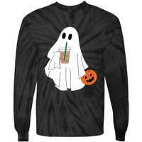 Cute Little Ghost Drinking Coffee Halloween Spooky Season Tie-Dye Long Sleeve Shirt