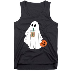 Cute Little Ghost Drinking Coffee Halloween Spooky Season Tank Top